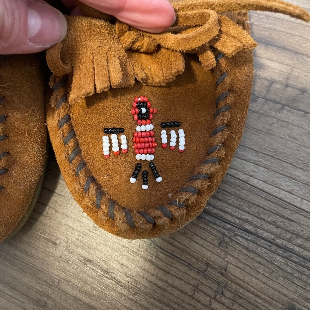 Minnetonka Brown Moccasins with Bow and Bead Detail